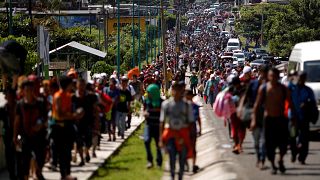 Tausende zentralamerikanische Migranten laufen auf einer Straße.
