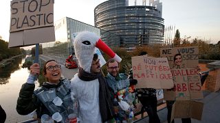 Plastikgegner demonstrieren vor dem Europäischen Parlament in Straßburg