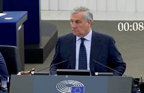 Antonio Tajani stares down Nigel Farage