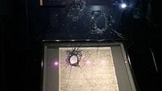 The shattered glass box of the Magna Carta after a man tried to steal it