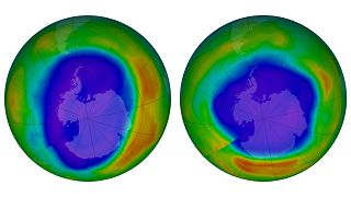 Areas of low ozone above Antartica in Sept 2010 (L) and Sept 2018 (R)