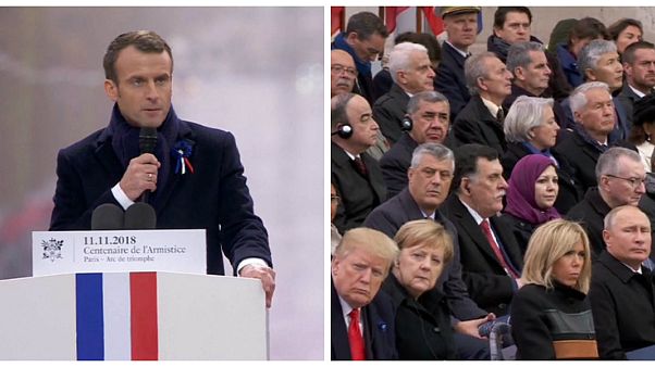 Macron, Trump ve Putin'in önünde milliyetçiliği 'ahlaki değerlere ihanet' olarak nitelendirdi Macron, Trump ve Putin'in önünde milliyetçiliği 'ahlaki değerlere ihanet' olarak nitelendirdi