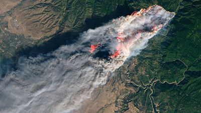 NASA's Operational Land Imager satellite image shows the Camp Fire burning