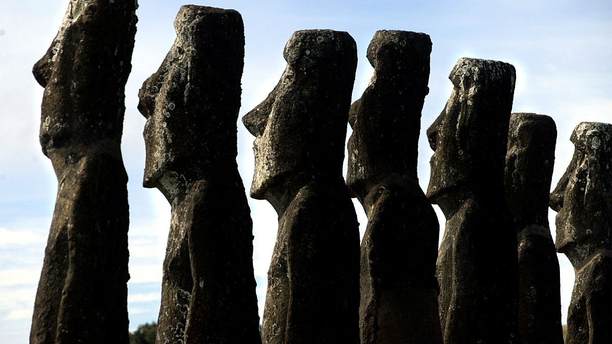 A view of "moai" statues in Ahu Akivi, on Easter Island