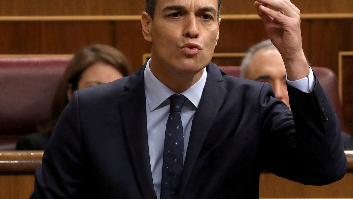 Spain's Prime Minister Pedro Sanchez speaks during a session at Parliament 