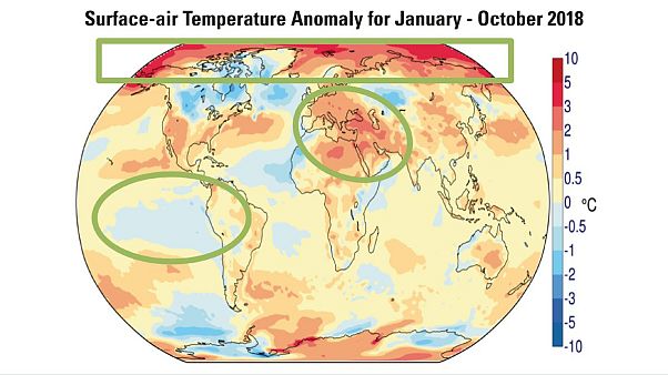Anomalía de temperaturas de enero a octubre de 2018 (en rojo, más cálido) Anomalía de temperaturas de enero a octubre de 2018 (en rojo, más cálido)