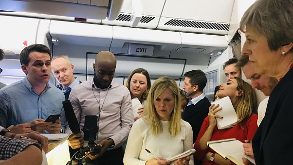 Theresa May speaks to journalists on her plane Theresa May speaks to journalists on her plane