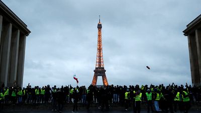 Protesters wearing yellow vests gather at Trocadero place