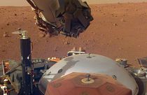 The NASA InSight spacecraft pictured on Mars