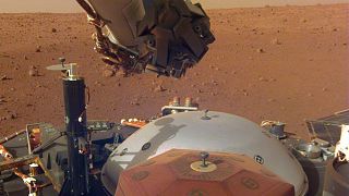 The NASA InSight spacecraft pictured on Mars