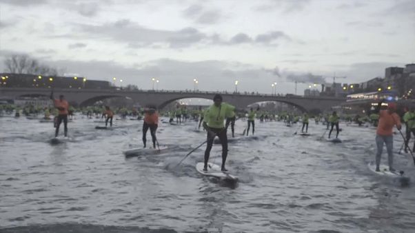 À Paris, les adeptes du stand-up paddle à l'assaut de la Seine À Paris, les adeptes du stand-up paddle à l'assaut de la Seine