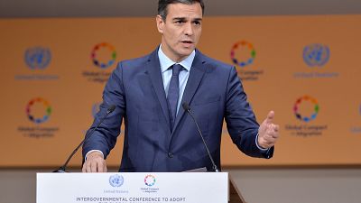 El presidente del Gobierno español, Pedro Sánchez, durante su intervención