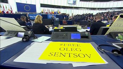 Empty chair at ceremony for Oleg Sentsov at European Parliament