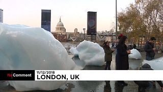 Ice block art glimmers in London to warn against climate change