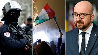 A French police officer, Hungarian protesters, Belgian PM Charles Michel