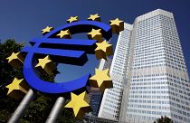 Euro sculpture in front of the ECB headquarters in Frankfurt, Germany