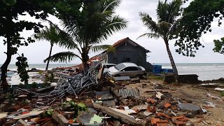 The aftermath of the tsunami is seen in Banten Province