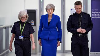 Theresa May visits the UK Border Force Command Centre at Heathrow Airport.