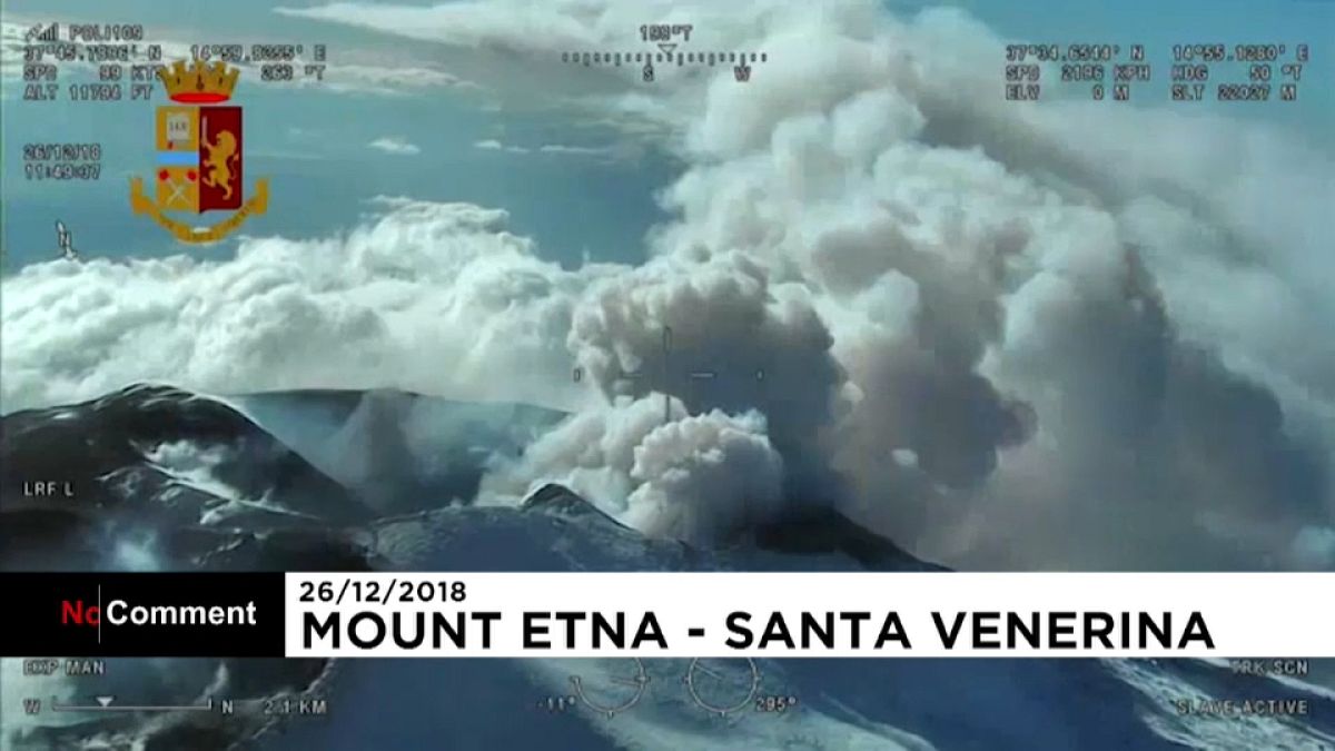 Aerials of Mount Etna erupting and damaged village