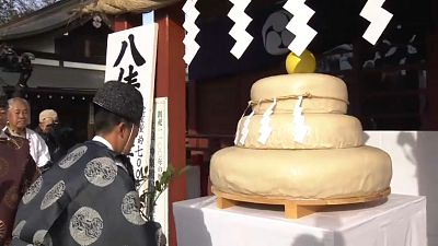 شاهد: كعكة أرز عملاقة في مزار ياباني أملاً بموسم حصاد جيد 