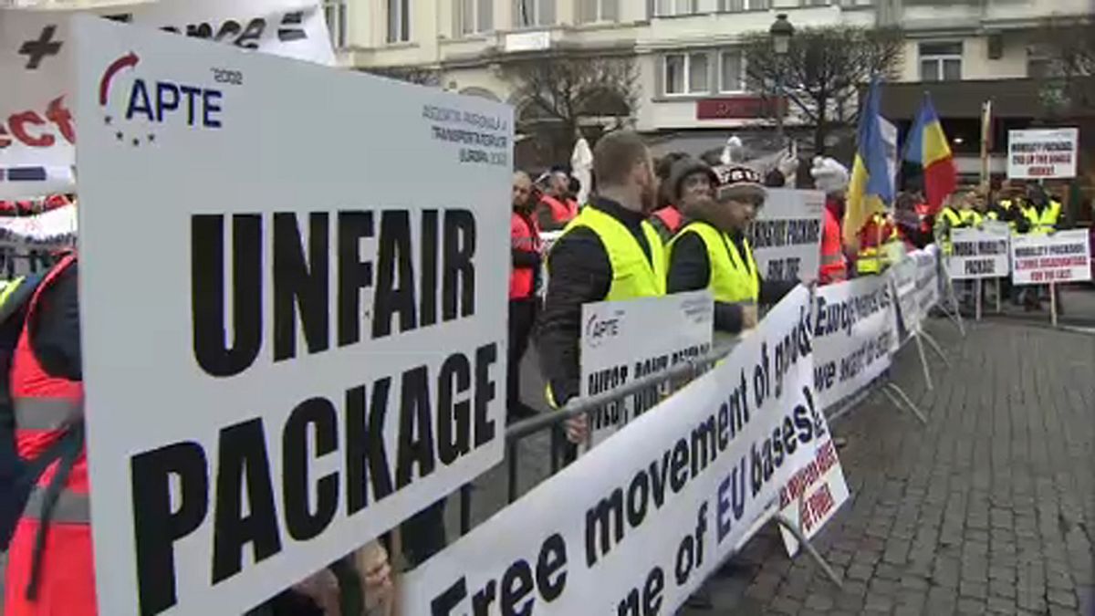 Proteste osteuropäischer Fernfahrer in Brüssel