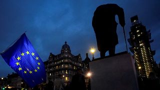 EU flag next to the statue of Winston Churchill outside Parliament