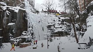 The open ice climbing wall in the heart of Prague