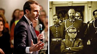 A la izquierda, Macron durante un debate, a la derecha el fotomontaje.
