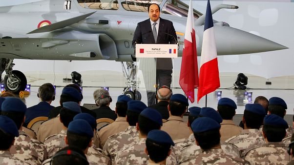 وزير الدولة لشؤون الدفاع خالد بن محمد العطية أثناء تسلم الطائرة المقاتلة وزير الدولة لشؤون الدفاع خالد بن محمد العطية أثناء تسلم الطائرة المقاتلة