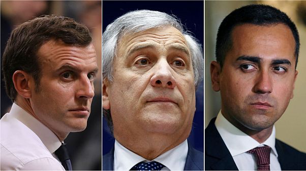 France's Macron, Italian EP president Tajani and Italy deputy PM Di Maio France's Macron, Italian EP president Tajani and Italy deputy PM Di Maio