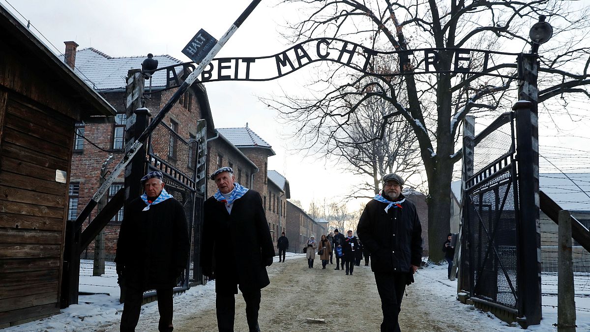 Holocaust survivors walking through the Auschwitz gates