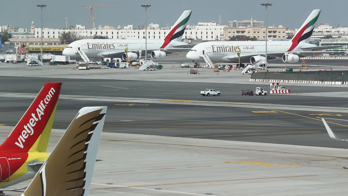 Emirates Airlines Airbus A380 planes are seen at Dubai Airports in Dubai
