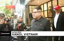 Donald Trump and Kim Jong-Un impersonators parade in Hanoi
