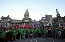 Activists hold hands outside the Argentine National Congress