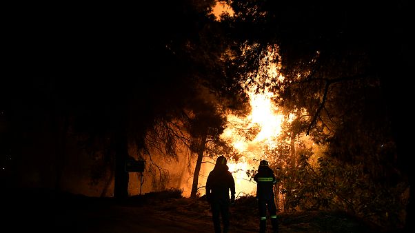 Feuerwehrleute bekämpfen einen Brand in Griechenland. Feuerwehrleute bekämpfen einen Brand in Griechenland.