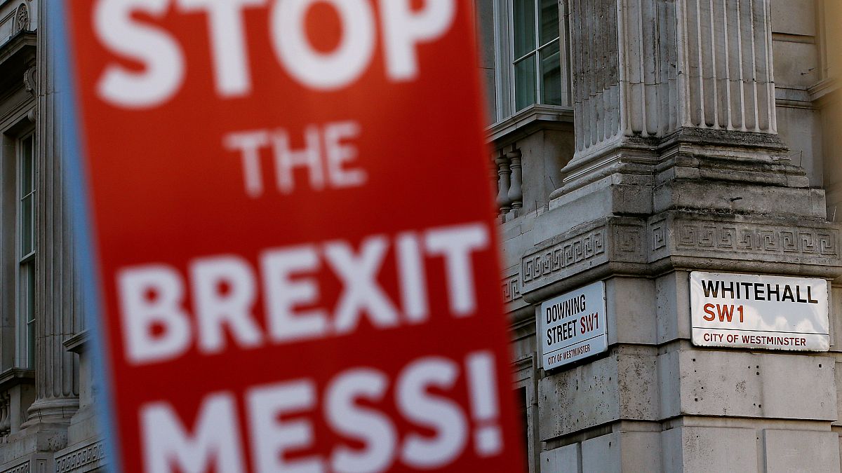 Anti-Brexit sign is seen during a protest outside Downing Street in London