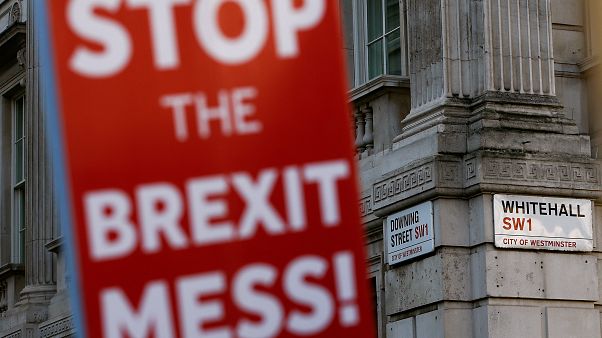 Anti-Brexit sign is seen during a protest outside Downing Street in London Anti-Brexit sign is seen during a protest outside Downing Street in London