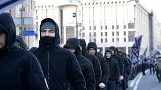 Andriy Biletsky, leader of the National Corps (centre), with the activists 