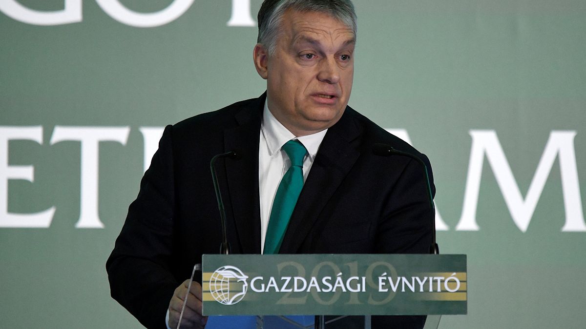Hungarian Prime Minister Viktor Orban speaking at a business conference