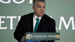 Hungarian Prime Minister Viktor Orban speaking at a business conference
