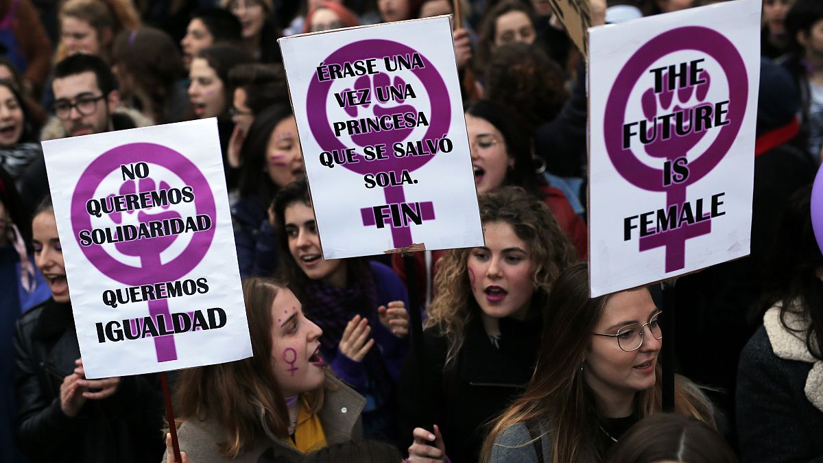 Demonstrators in Barcelona on International Women's Day 2018