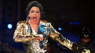 Pop star Michael Jackson on stage in Moscow during a world tour.