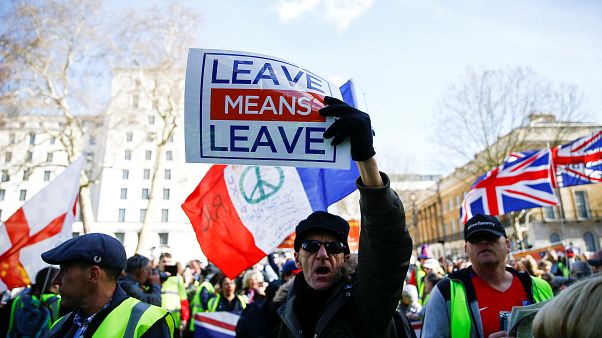 Pro-Brexit protesters in London on March 9, 2019. Pro-Brexit protesters in London on March 9, 2019.