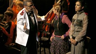 File photo of Ziad Rahbani performing in the play "Majnoun Yehki"