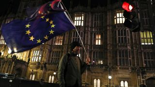 شخص مناهض لخروج بريطانيا من الاتحاد الأوروبي خارج مقر البرلمان 
