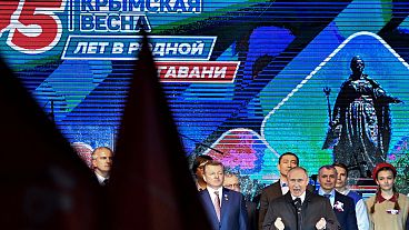 Vladimir Putin addresses the crowd in Simferopol, Crimea