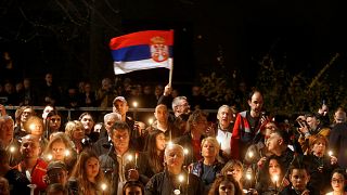 Demonstrators attend a protest against President Aleksandar Vucic 