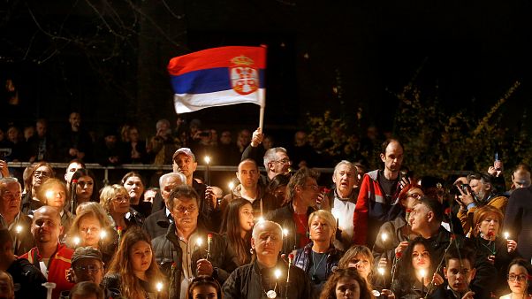 Demonstrators attend a protest against President Aleksandar Vucic Demonstrators attend a protest against President Aleksandar Vucic