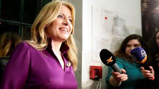 Slovakia's presidential candidate Zuzana Caputova addresses the media 