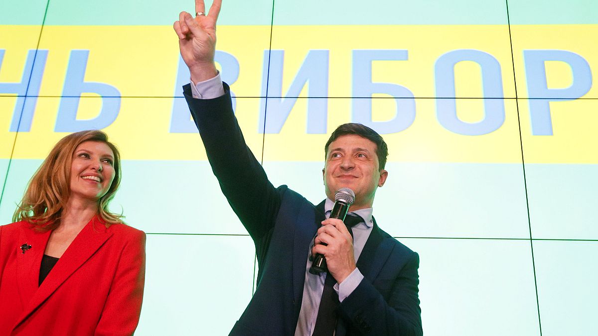 Volodymyr Zelenskiy speaks following the announcement of the 1st exit poll